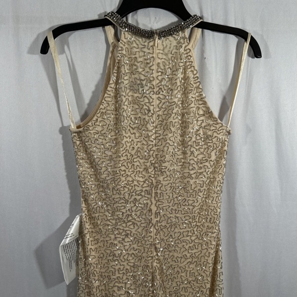 NWT $498 Mac Duggal [ 2 ] Bugle Bead Halter Body-Con Gown in‎ Nude Silver - Picture 13 of 15
